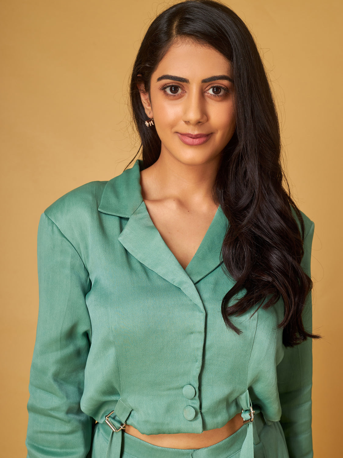 Sage Green Crepe Satin Cropped Blazer And Pant Set