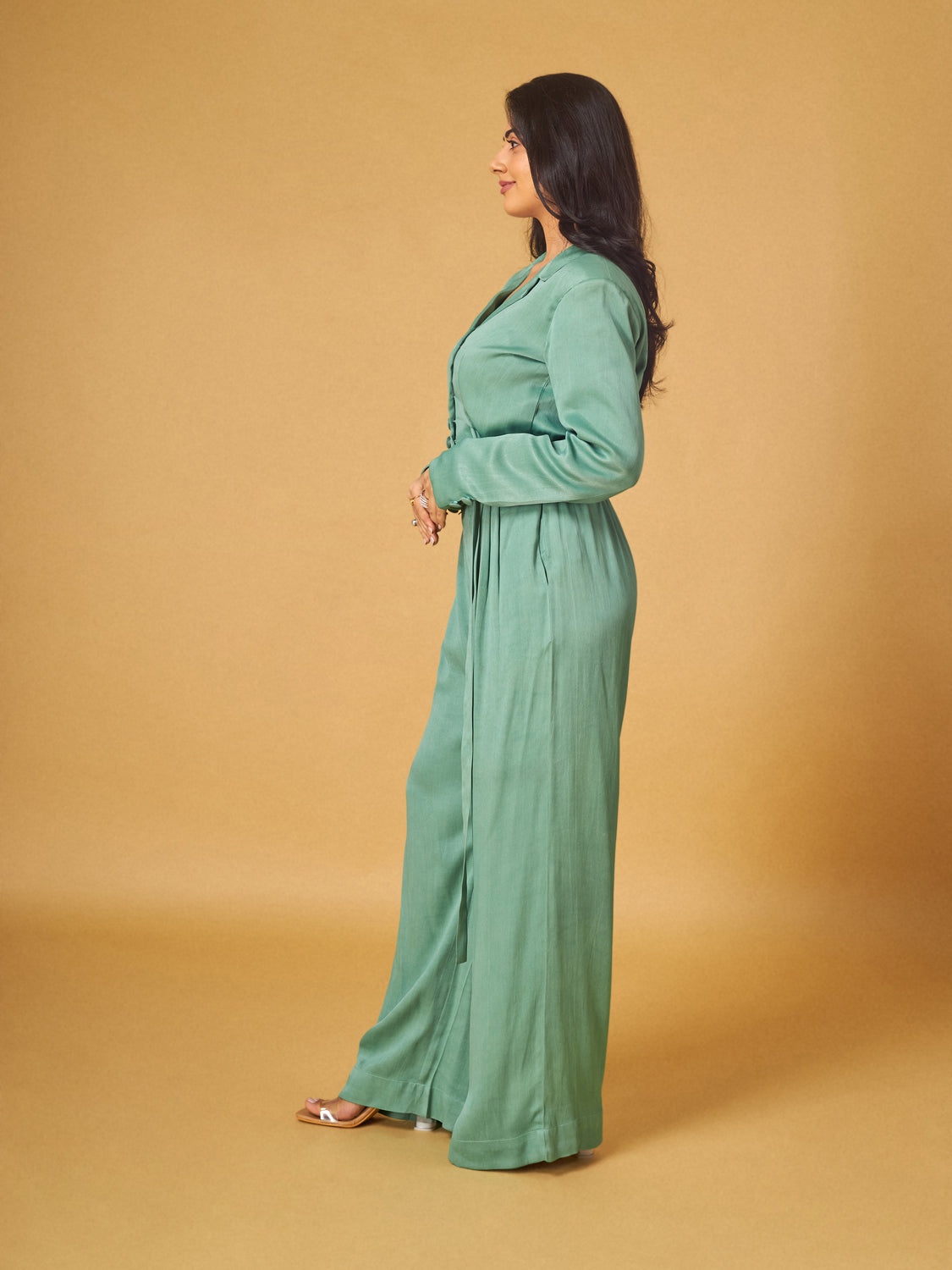 Sage Green Crepe Satin Cropped Blazer And Pant Set