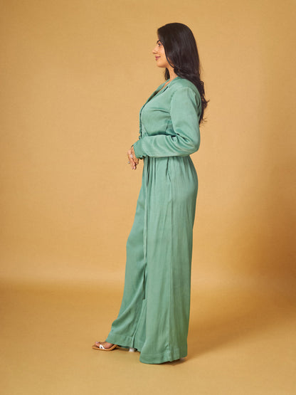 Sage Green Crepe Satin Cropped Blazer And Pant Set