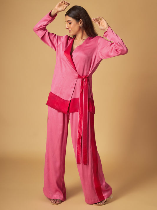Pink Colorblock Crepe Satin Co-Ord Set
