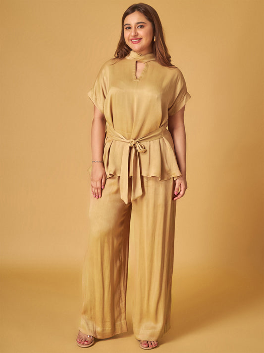 Gold Crepe Satin Front-Tie Co-Ord Set