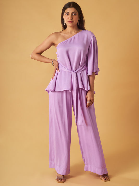 Lilac Crepe Satin One-Shoulder Co-Ord Set
