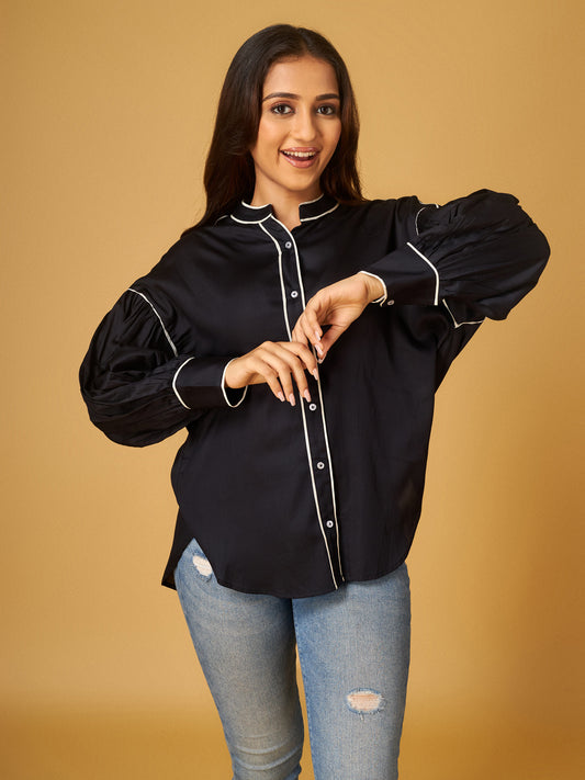Black Pure Cotton Shirt with Contrast Piping