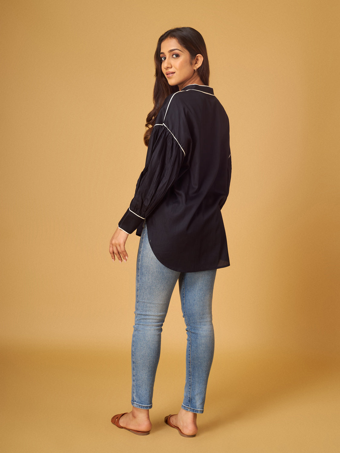 Black Pure Cotton Shirt with Contrast Piping
