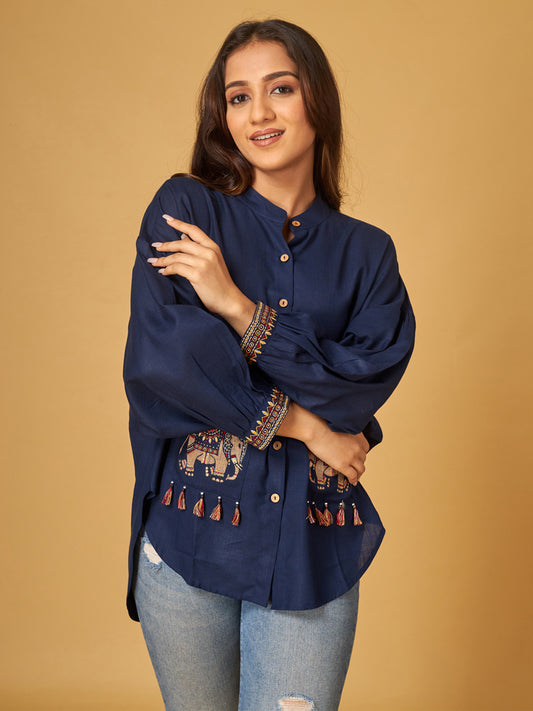 Estate Blue Pure Cotton Shirt with Embroidered Pockets