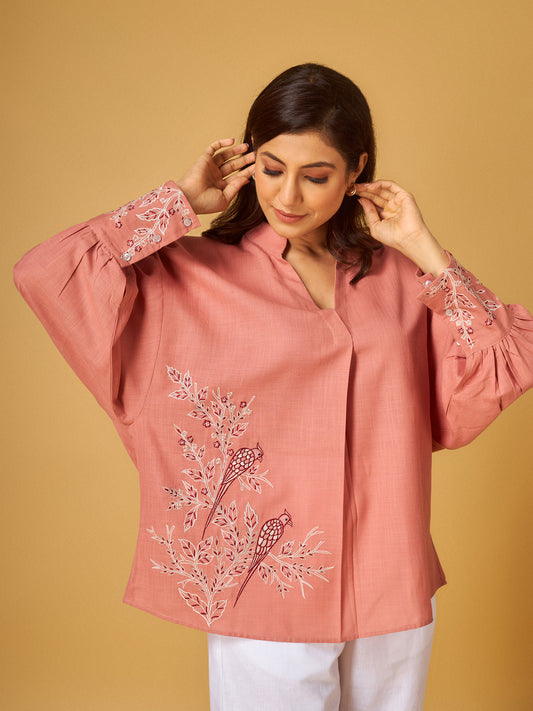 Bridal Rose Thread work Embroidered Shirt in Cotton Linen