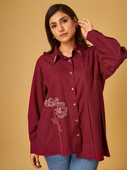 Biking Red Cotton Linen Thread Work Embroidered Shirt