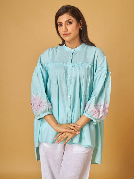 Blue Light Embroidered Cotton Linen Shirt with Thread Work