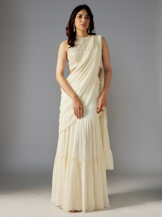Ivory Hand Embroidered Draped Saree Set