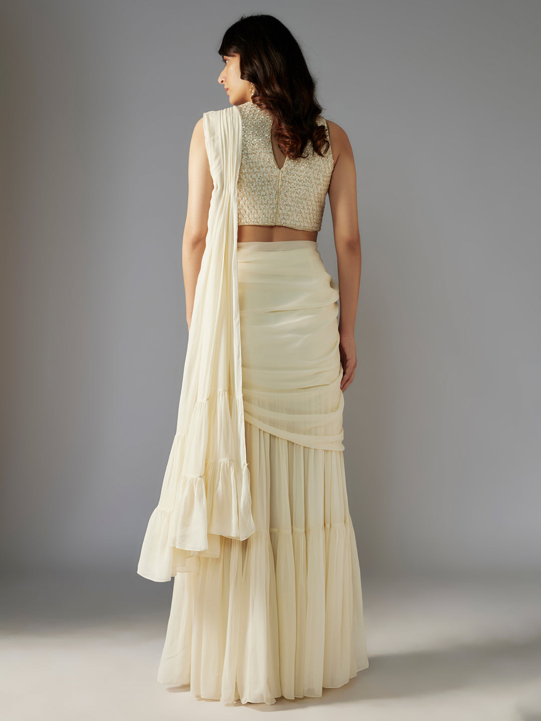 Ivory Hand Embroidered Draped Saree Set