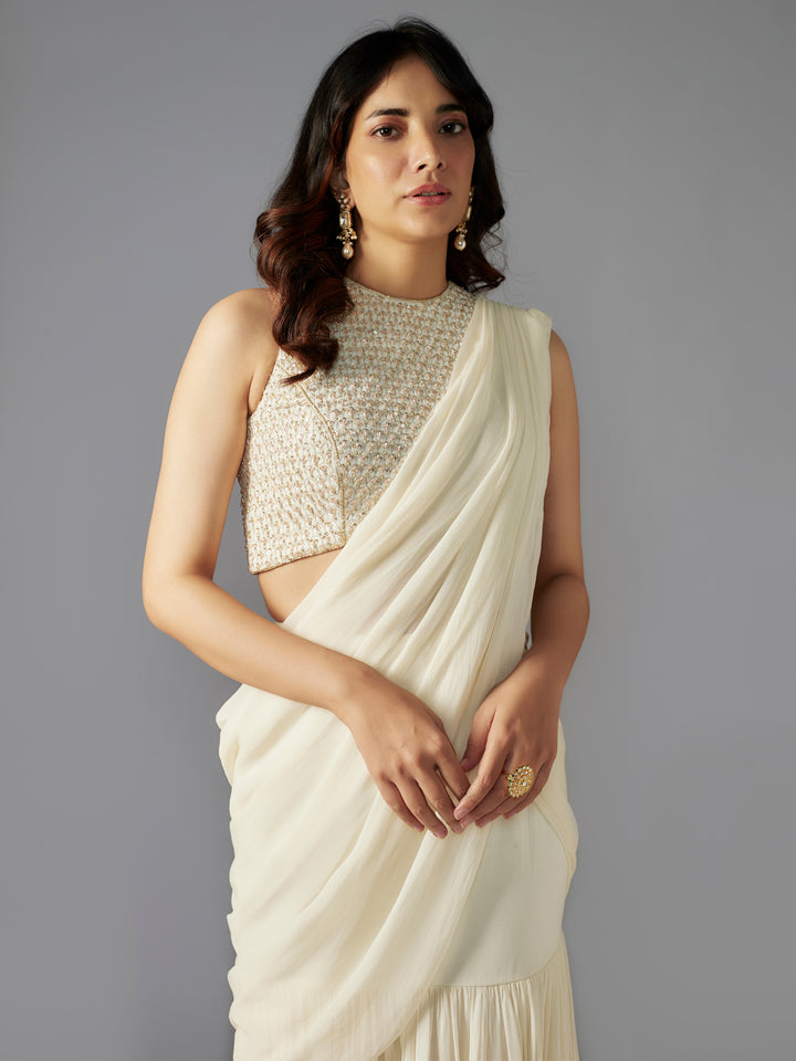 Ivory Hand Embroidered Draped Saree Set