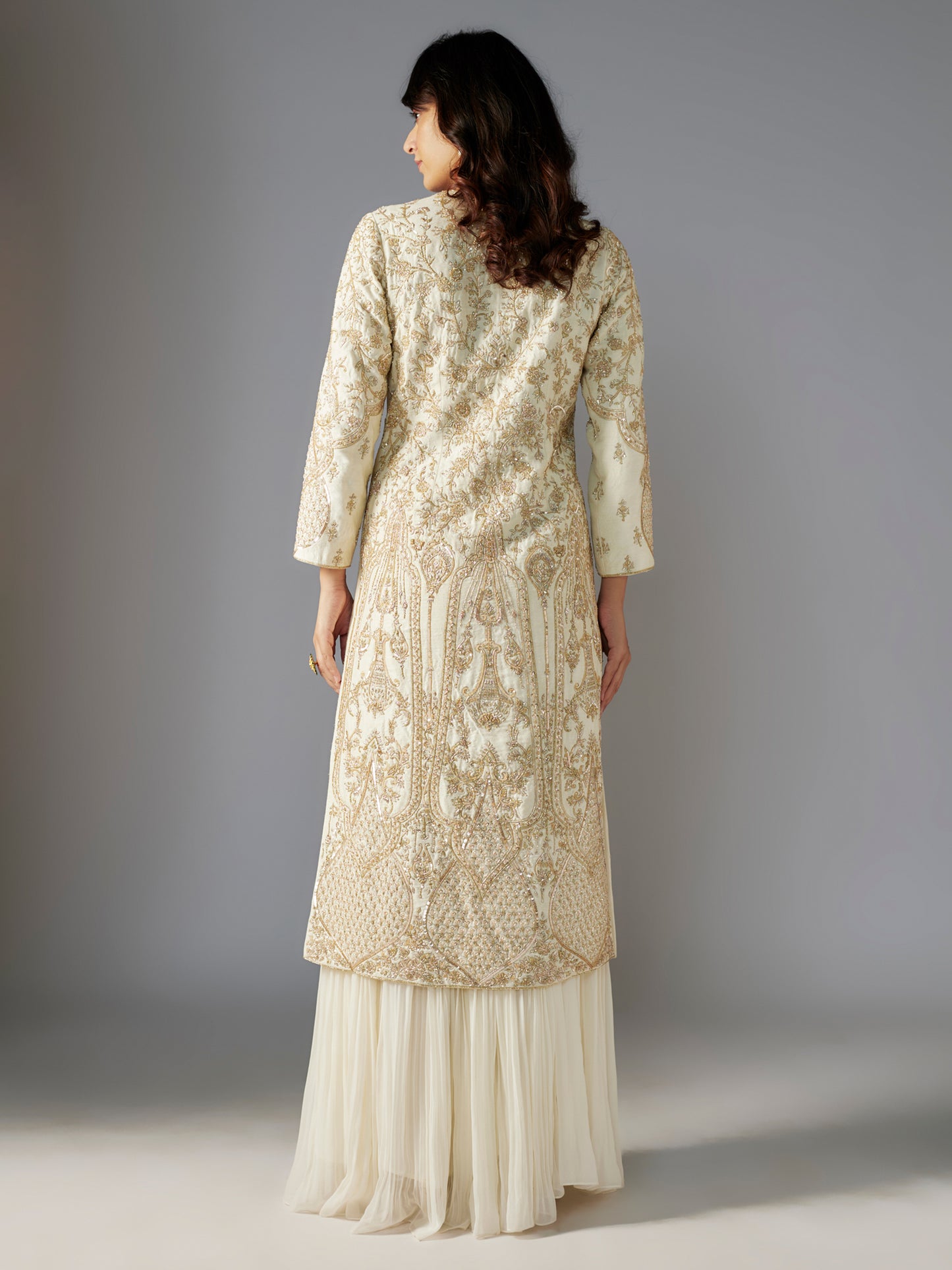 Ivory Hand Embroidered Long Jacket and Skirt Set