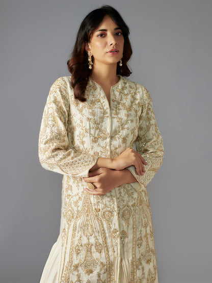 Ivory Hand Embroidered Long Jacket and Skirt Set