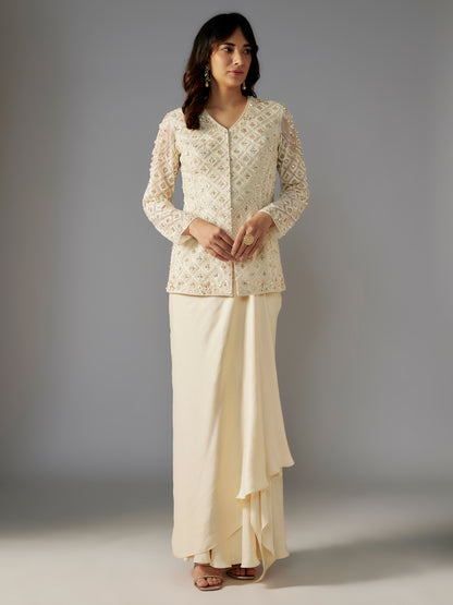 Ivory Hand Embroidered Net Jacket and Draped Skirt Set