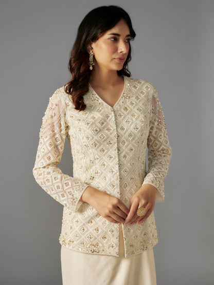 Ivory Hand Embroidered Net Jacket and Draped Skirt Set