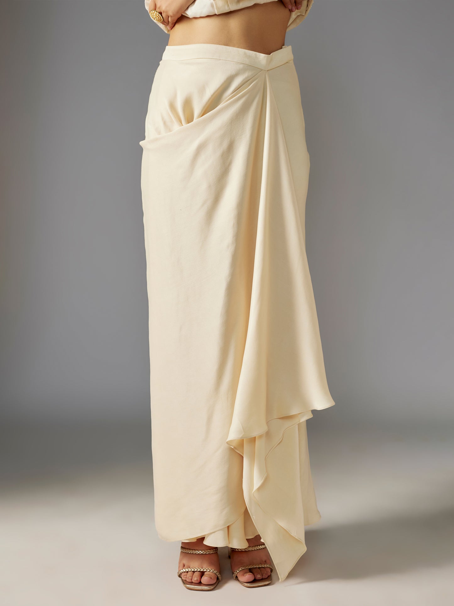Ivory Hand Embroidered Net Jacket and Draped Skirt Set