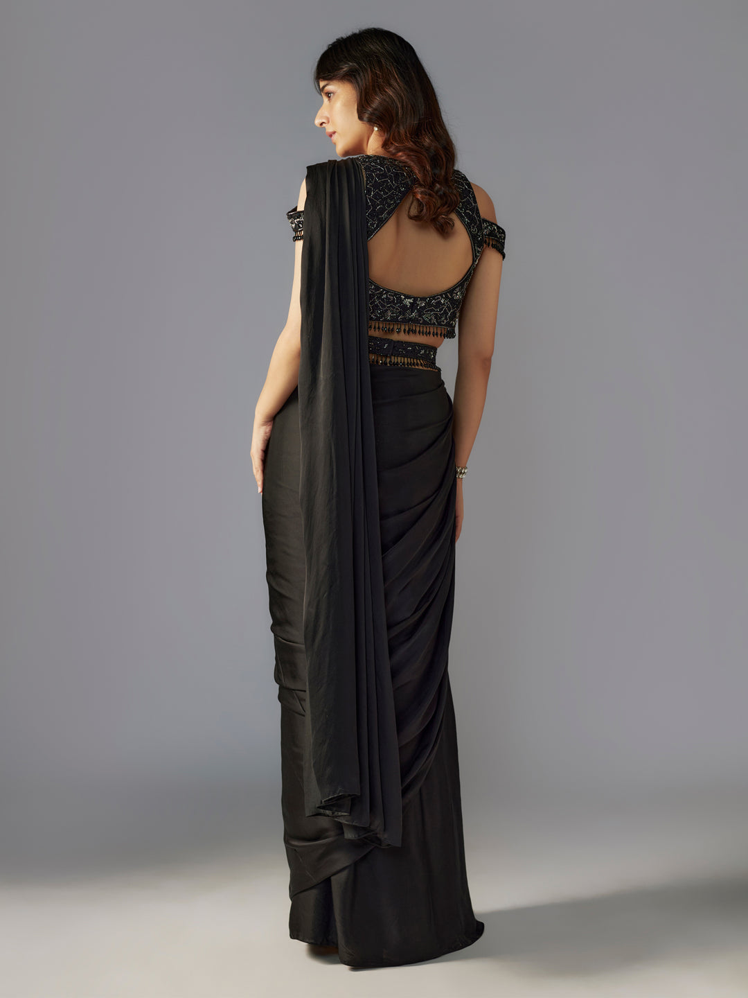 Black Hand Embroidered Modal Satin Pre-Stitched Saree Set with Belt