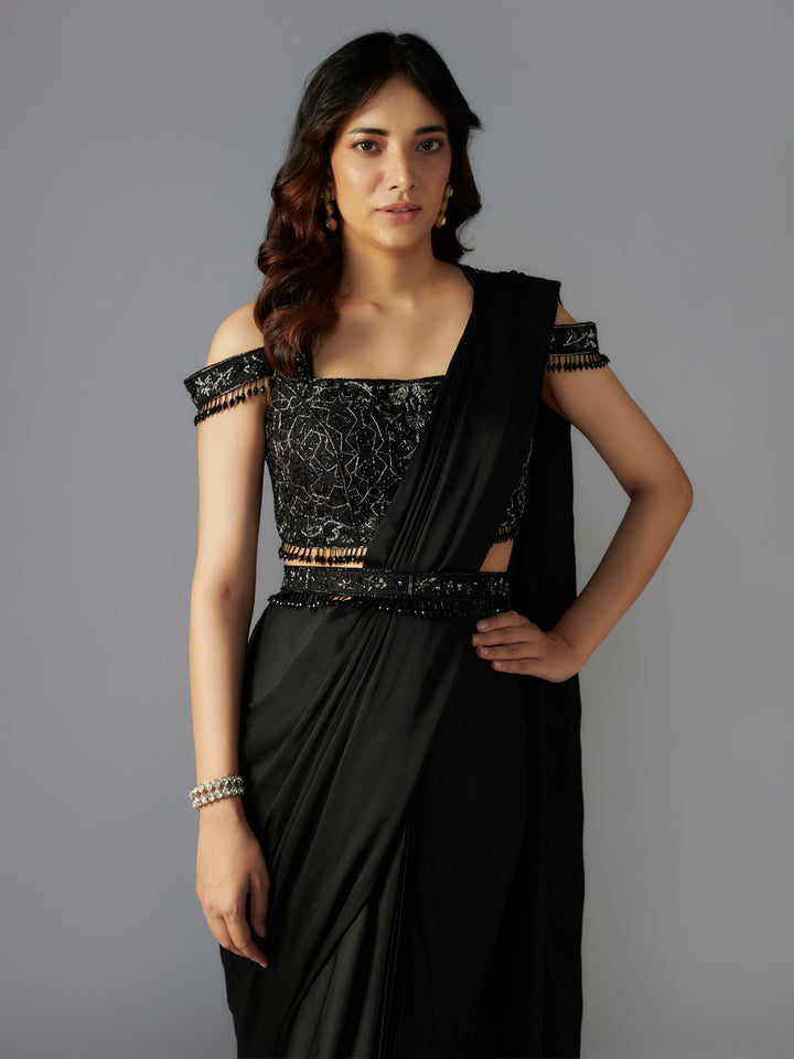 Black Hand Embroidered Modal Satin Pre-Stitched Saree Set with Belt