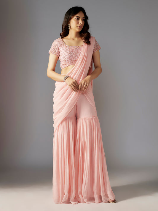 Pink Hand Embroiderd Draped Sharara Set