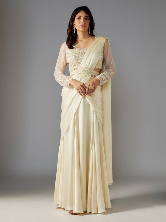 Ivory Hand Embroidered Draped Saree