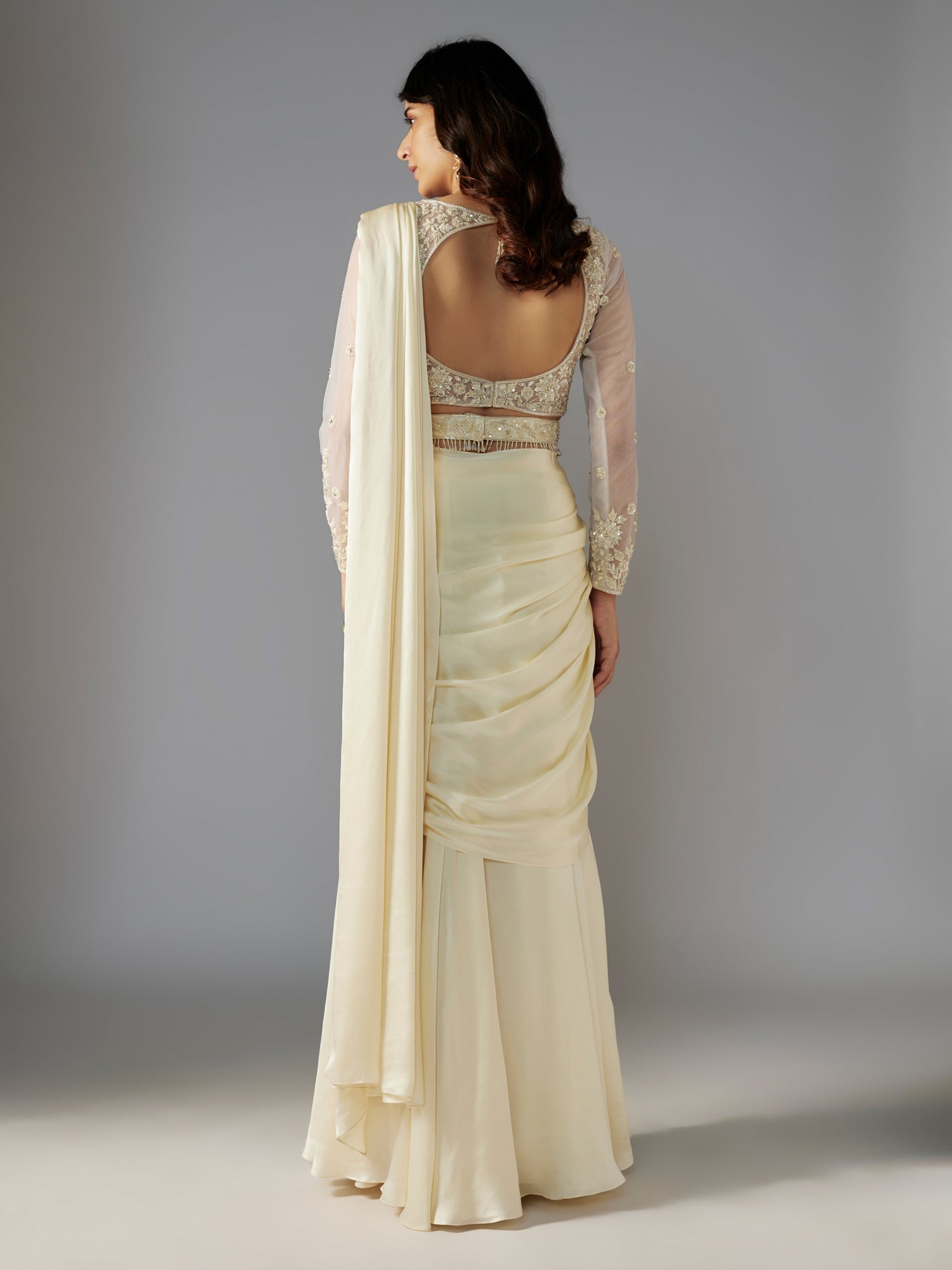 Ivory Hand Embroidered Draped Saree