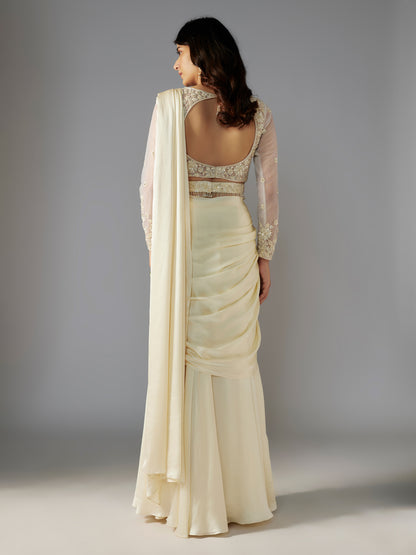 Ivory Hand Embroidered Draped Saree