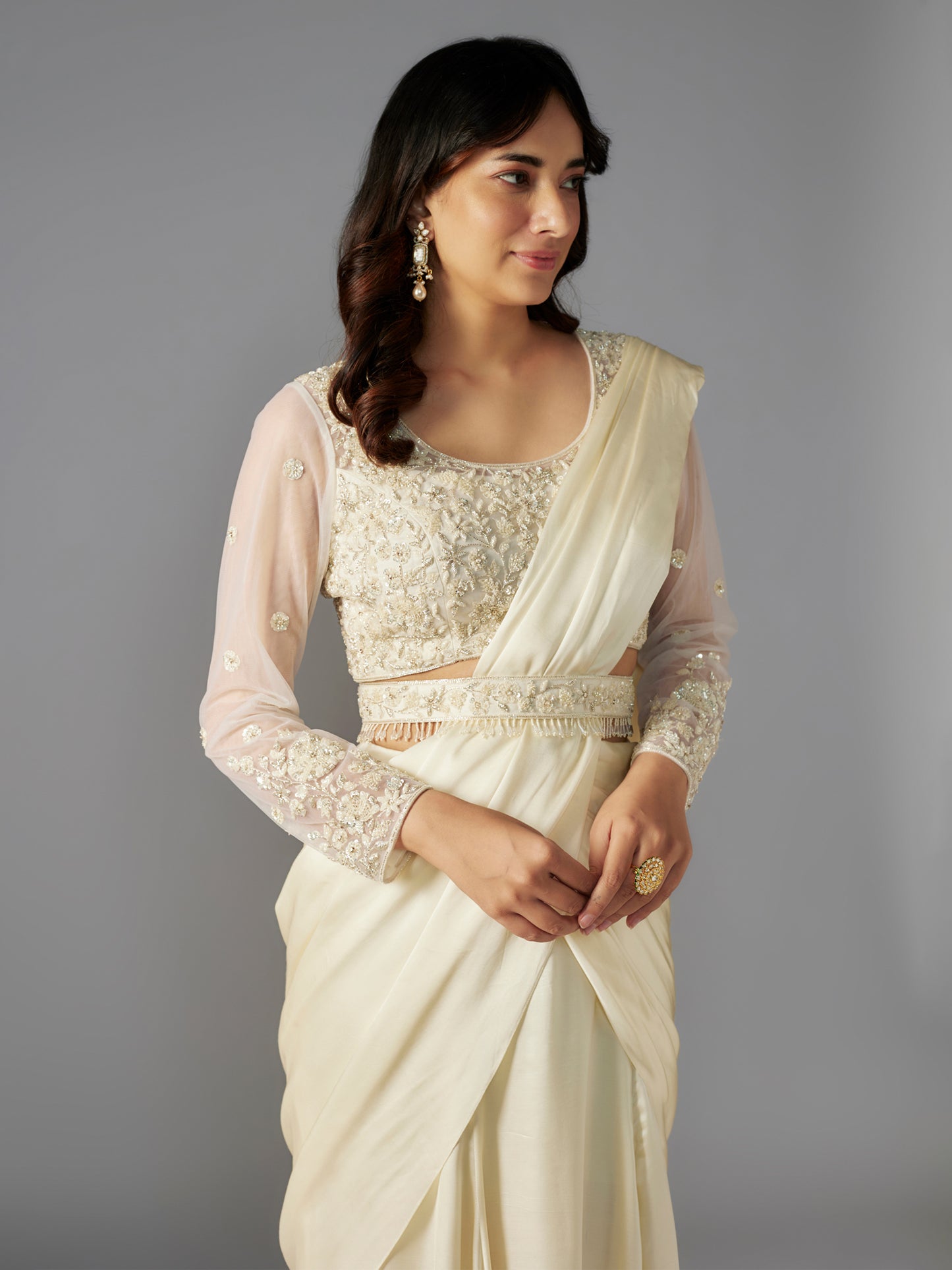 Ivory Hand Embroidered Draped Saree