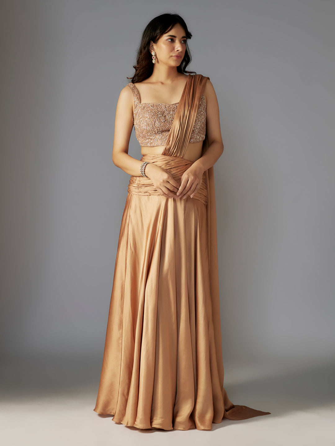 Gold Hand Embroidered Modal Satin Draped Saree Set