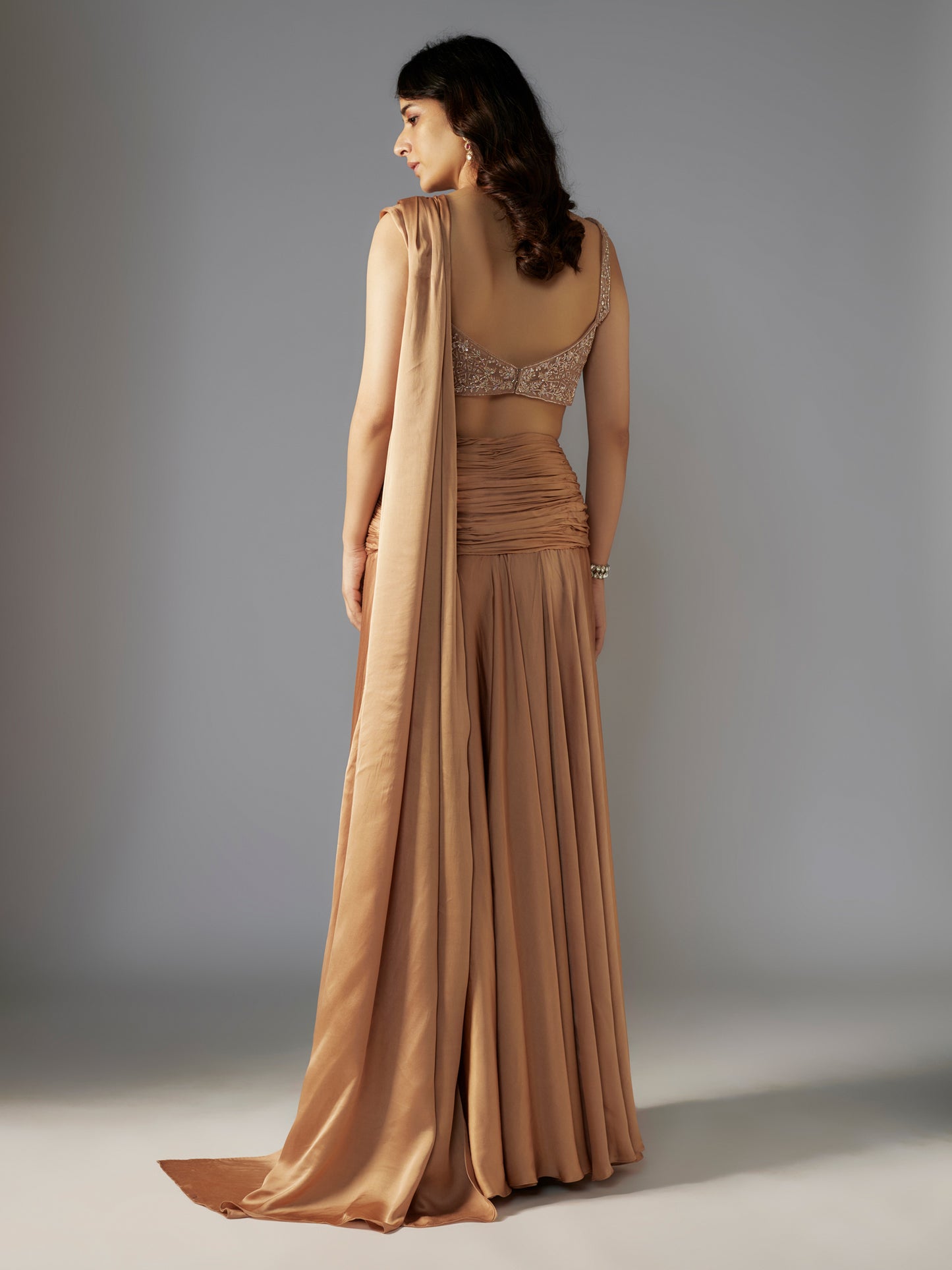 Gold Hand Embroidered Modal Satin Draped Saree Set