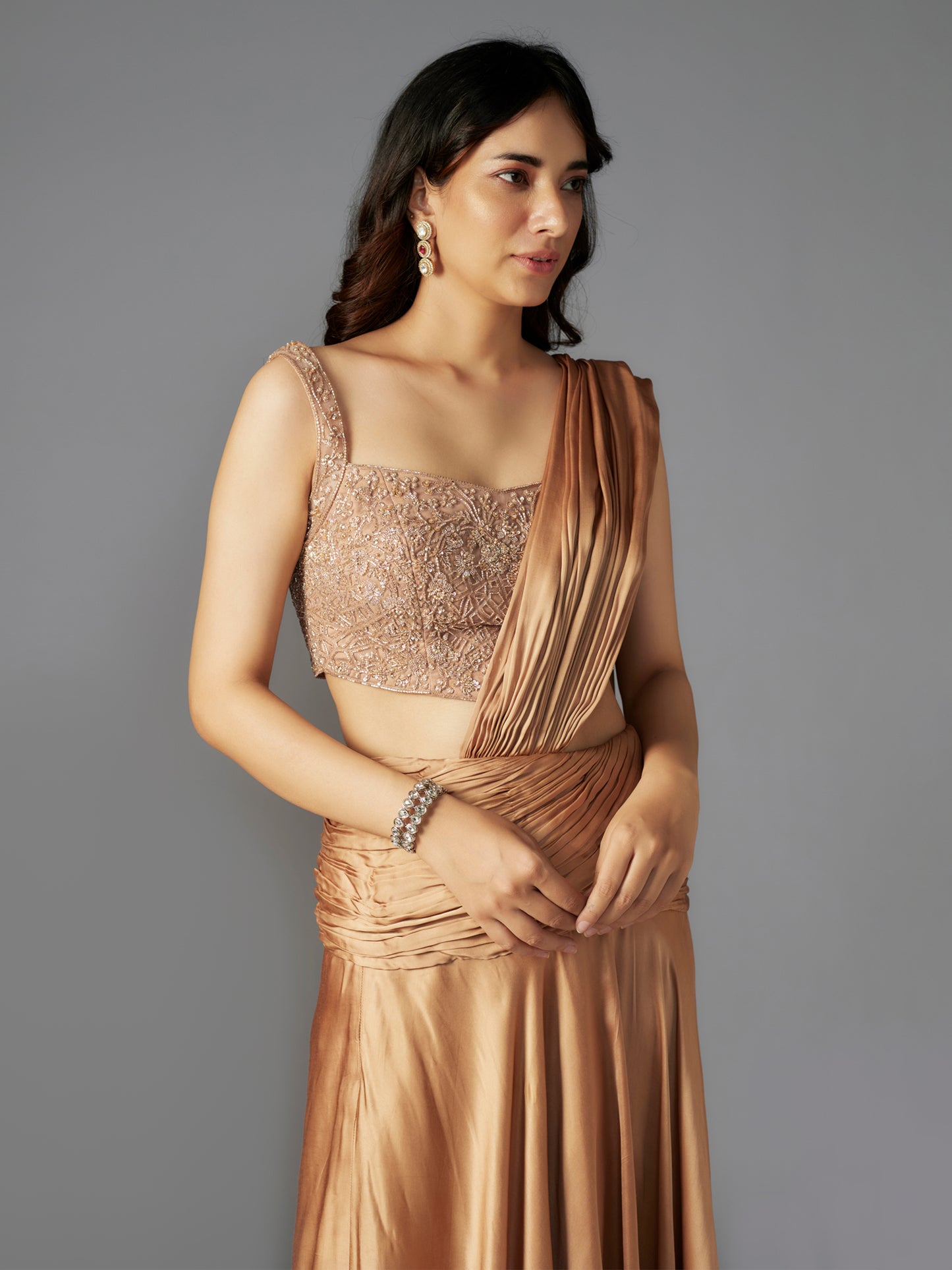 Gold Hand Embroidered Modal Satin Draped Saree Set
