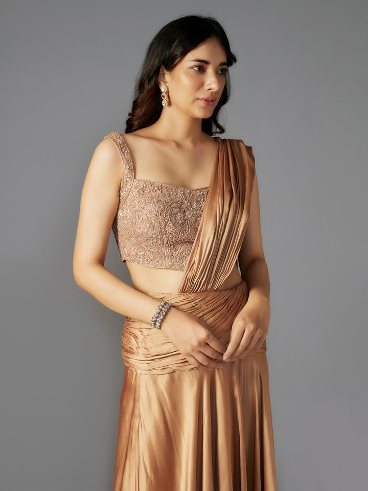 Gold Hand Embroidered Modal Satin Draped Saree Set