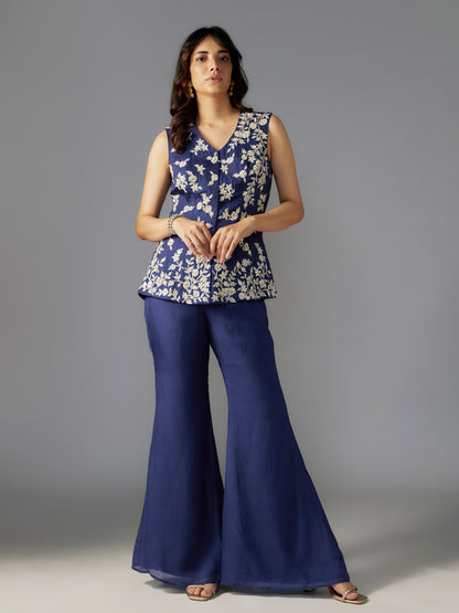 Navy Embroidered Flat Chiffon Sharara Set