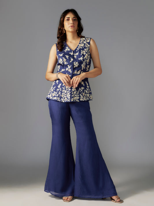 Navy Embroidered Flat Chiffon Sharara Set