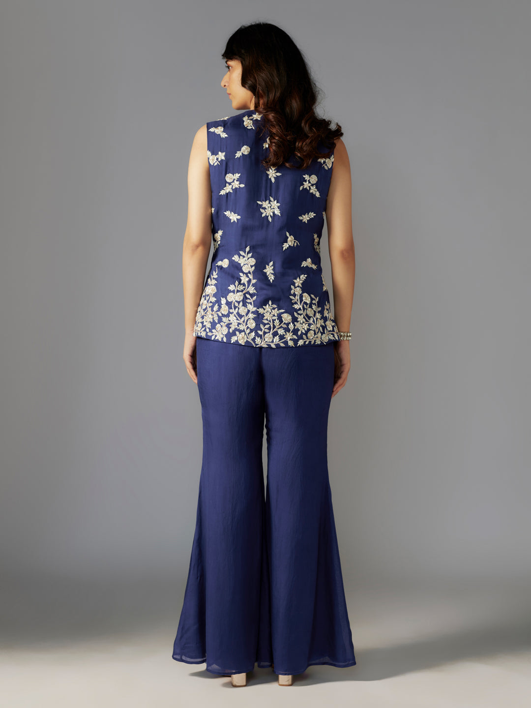 Navy Embroidered Flat Chiffon Sharara Set