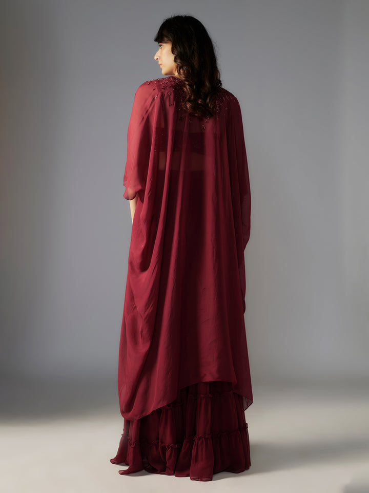 Maroon Hand Embroidered Sharara Set with Cape