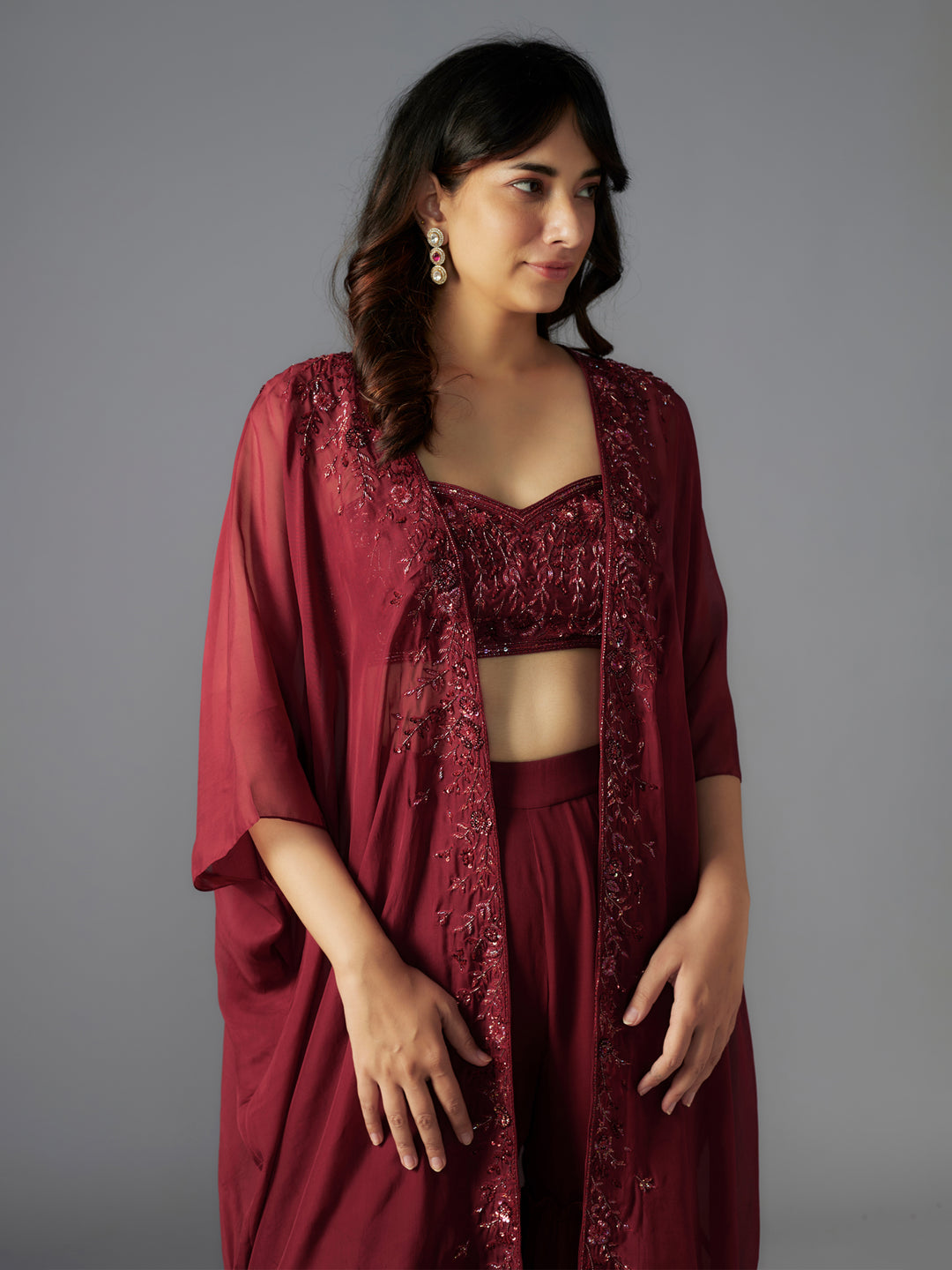 Maroon Hand Embroidered Sharara Set with Cape