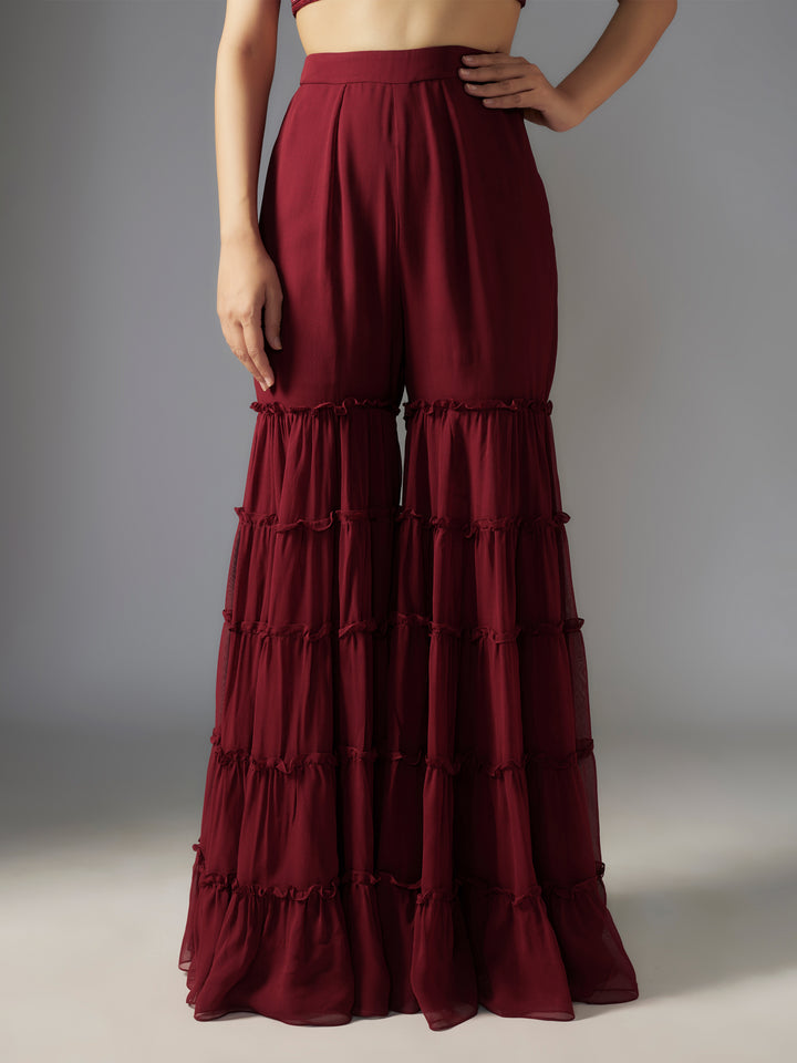 Maroon Hand Embroidered Sharara Set with Cape