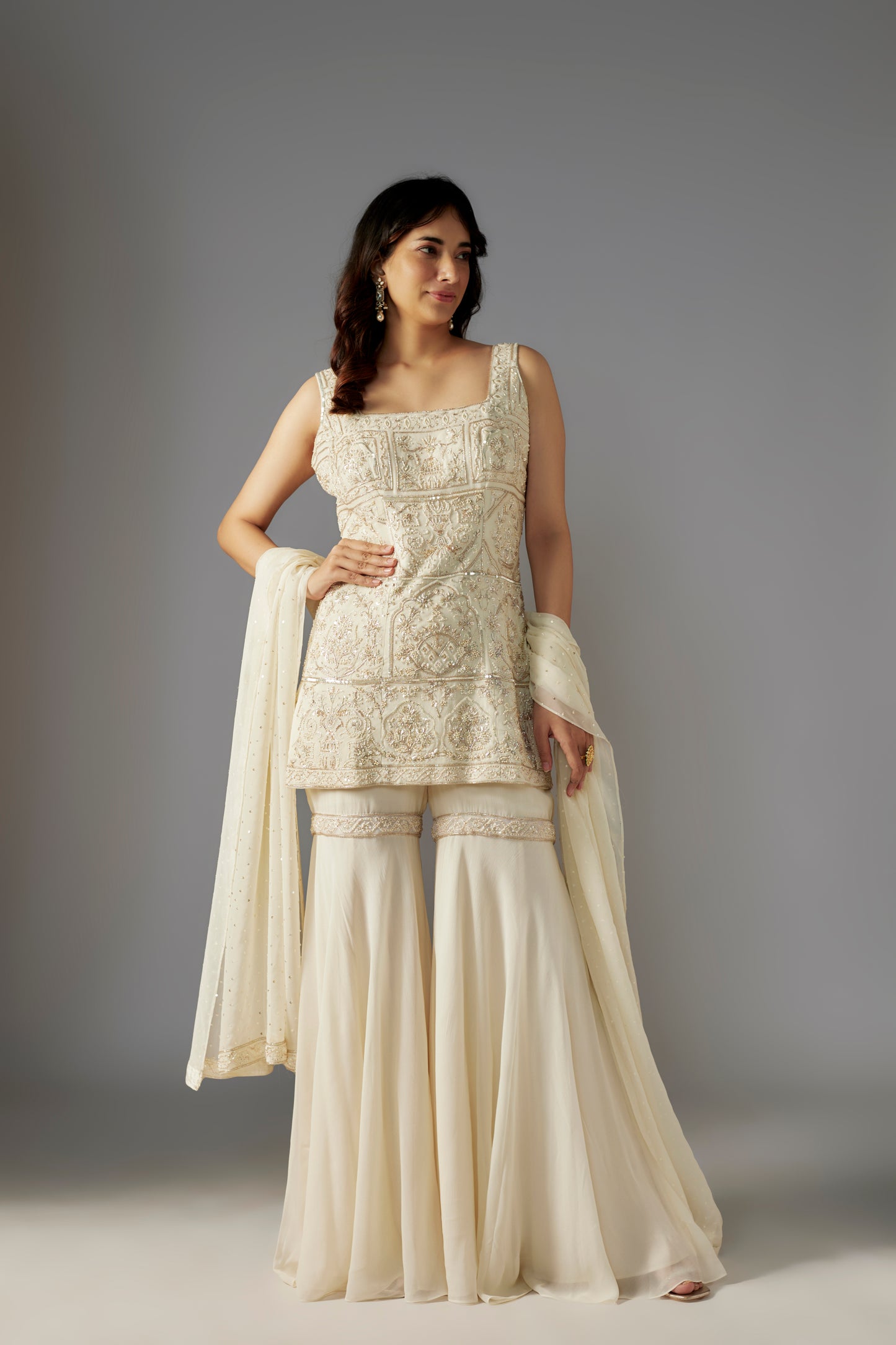Ivory Embroidered Kurta Set with Sharara Pants and Dupatta