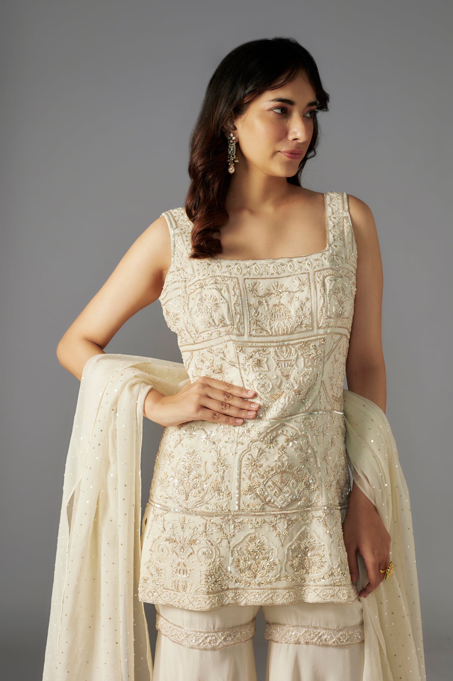 Ivory Embroidered Kurta Set with Sharara Pants and Dupatta