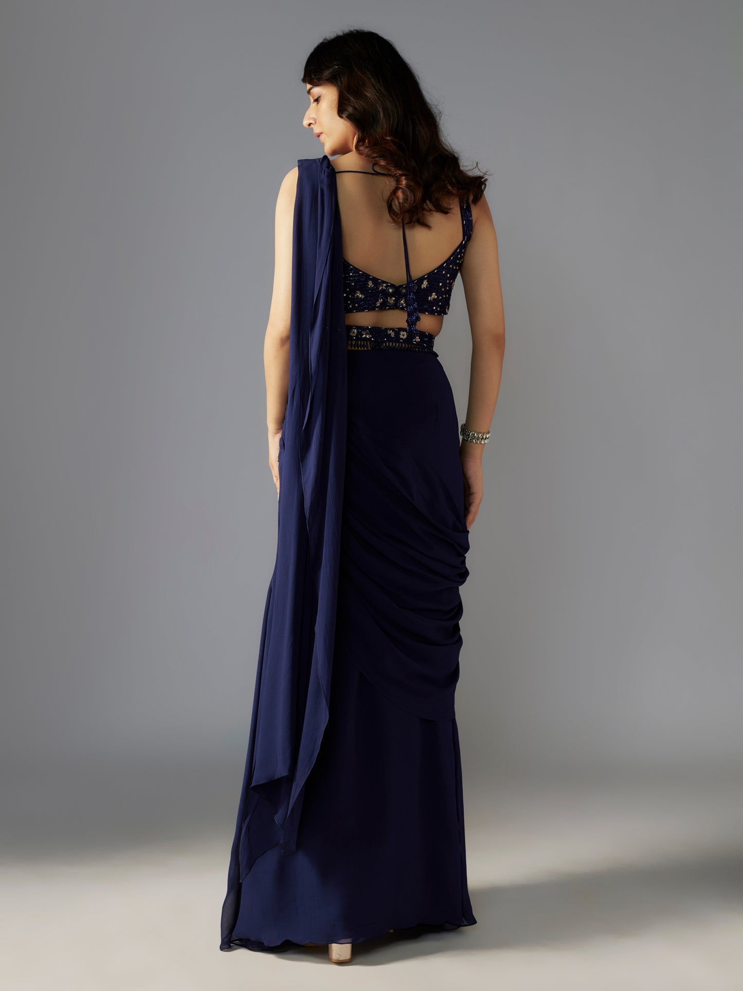 Navy Embroidered Draped Saree Set