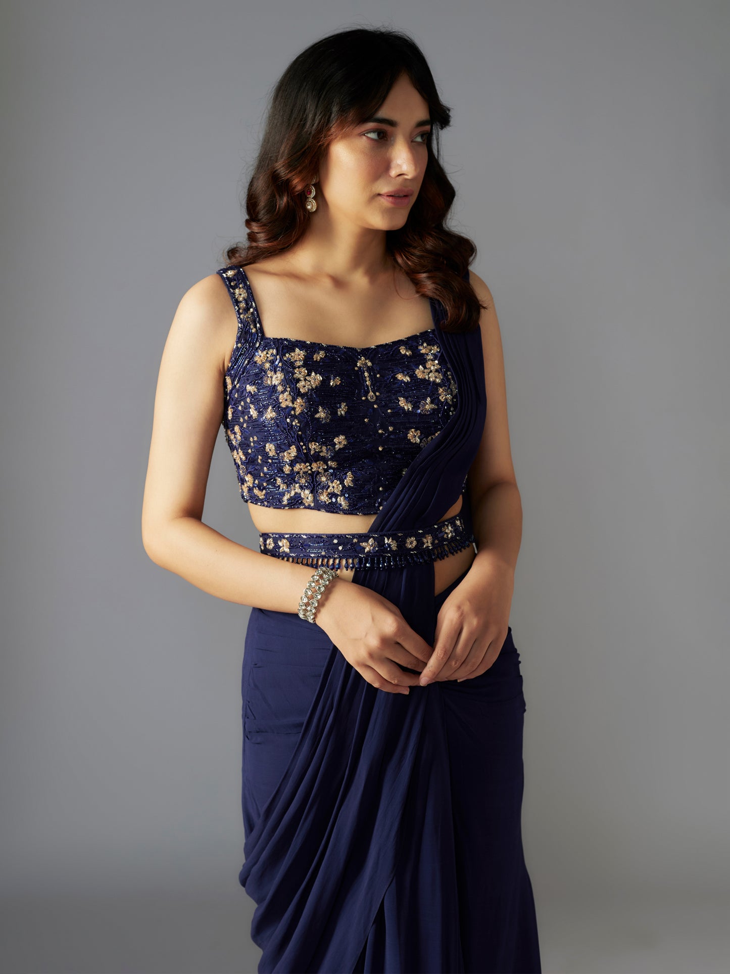 Navy Embroidered Draped Saree Set