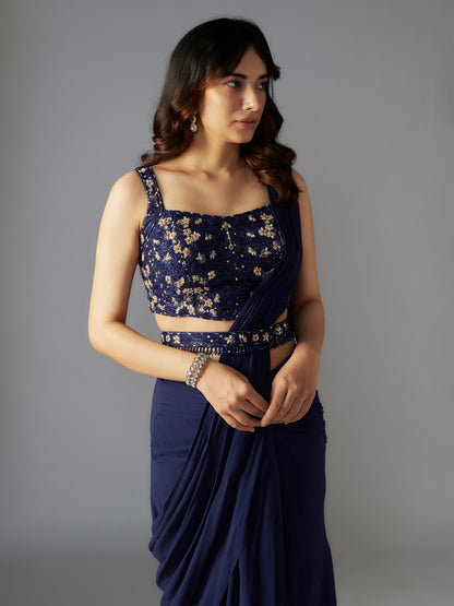 Navy Embroidered Draped Saree Set
