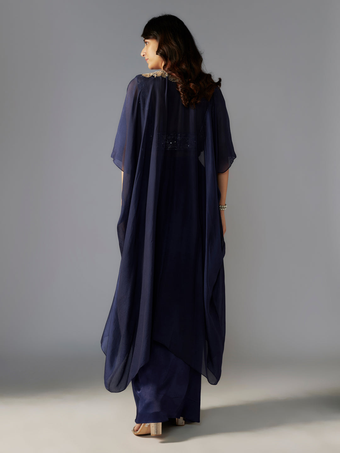 Navy Hand Embroidered Modal Satin Draped Skirt Set with Cape
