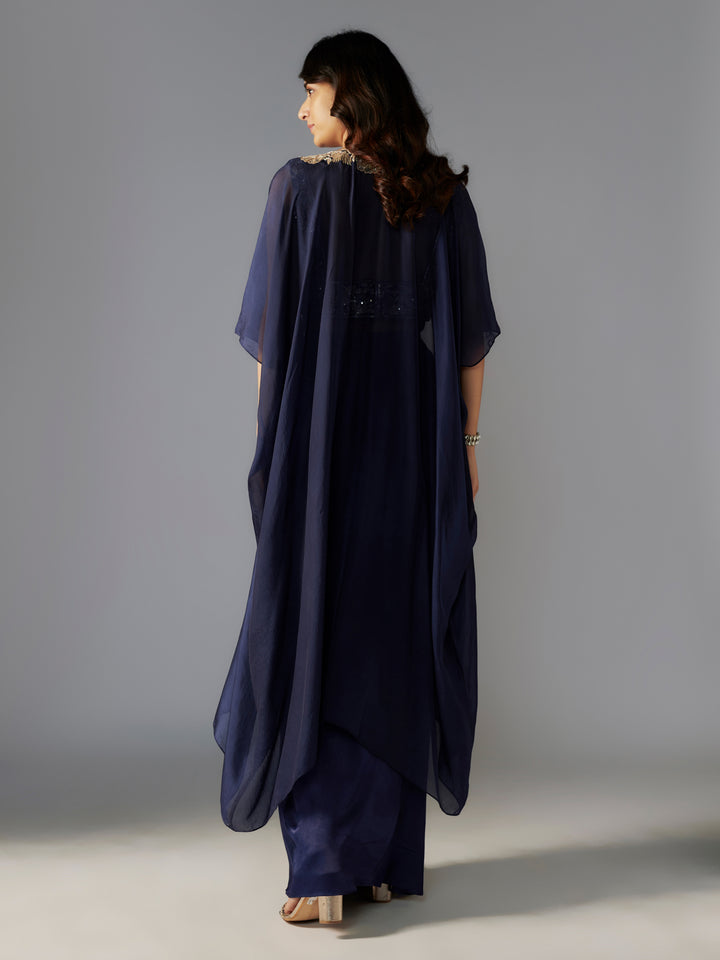 Navy Hand Embroidered Modal Satin Draped Skirt Set with Cape
