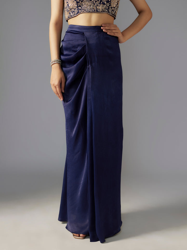 Navy Hand Embroidered Modal Satin Draped Skirt Set with Cape