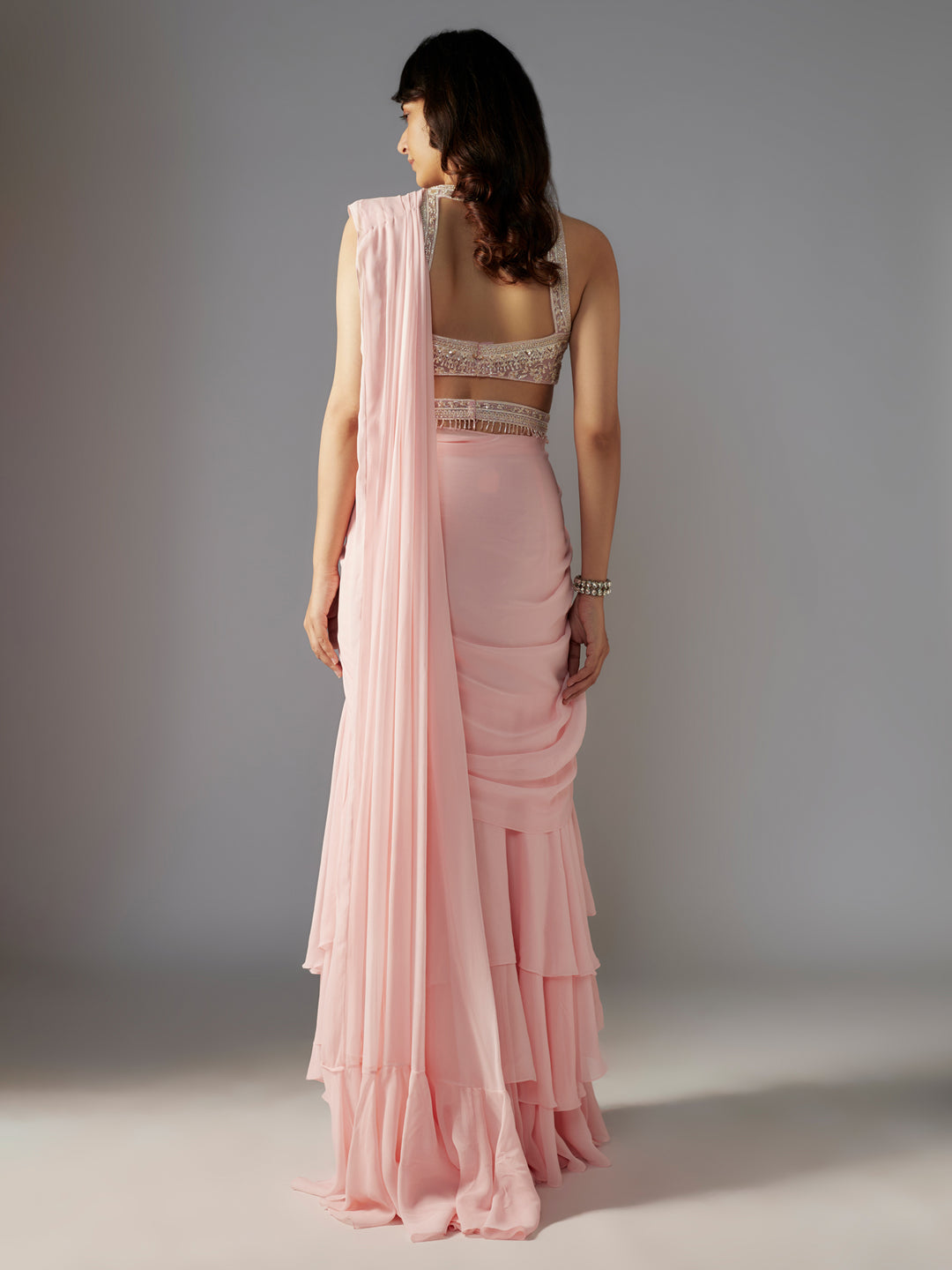 Pink Hand Embroidered Georgette Draped Saree Set