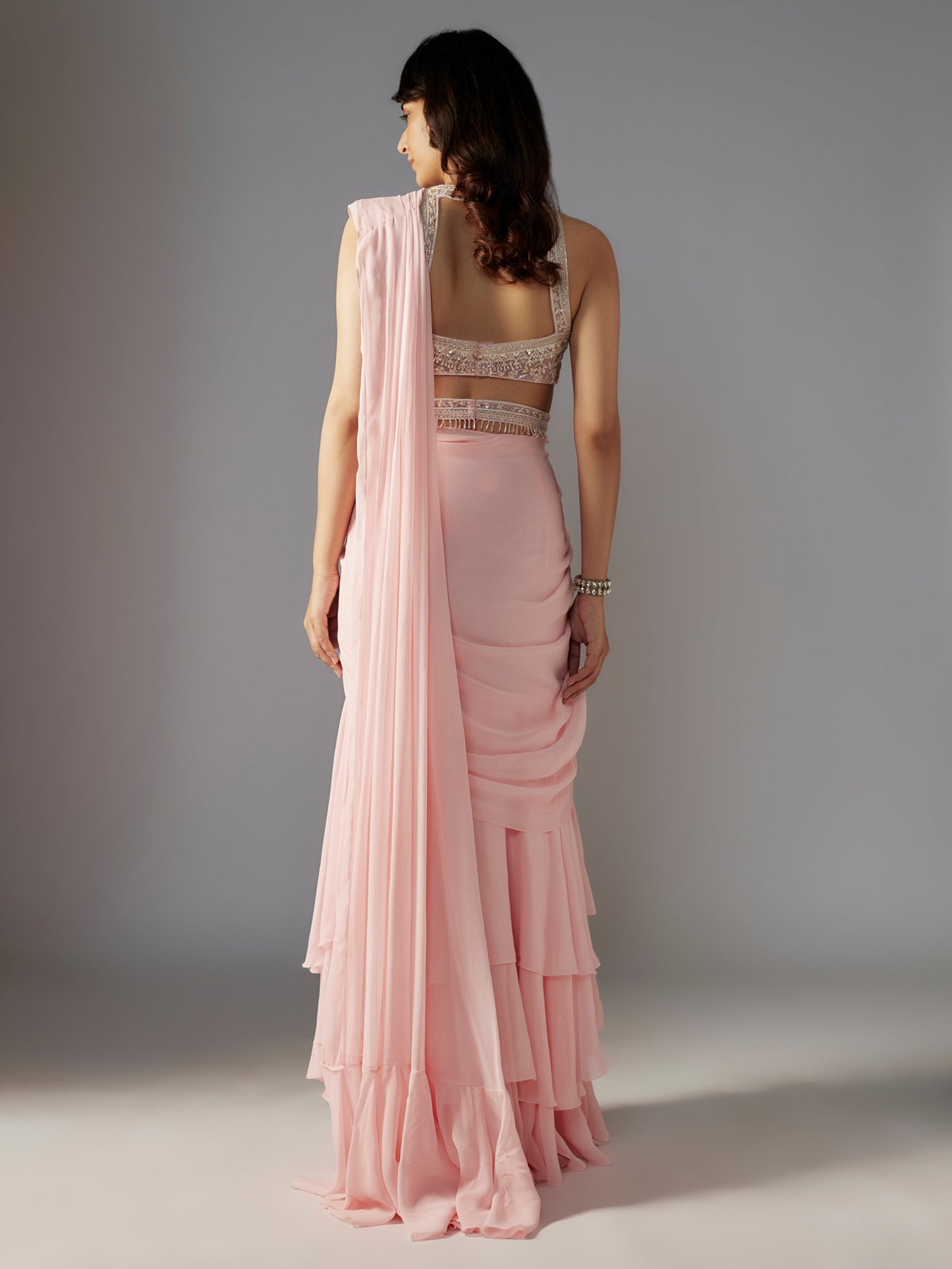 Pink Hand Embroidered Georgette Draped Saree Set