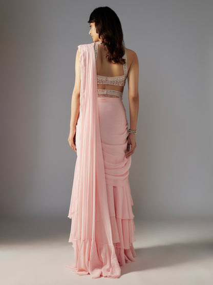 Pink Hand Embroidered Georgette Draped Saree Set