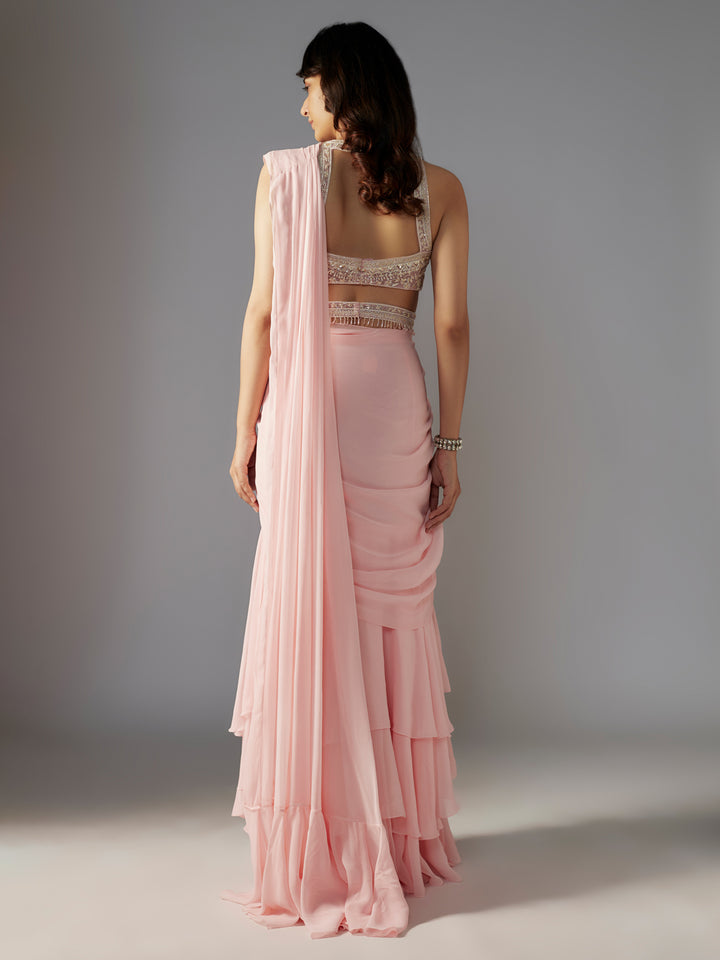 Pink Hand Embroidered Georgette Draped Saree Set