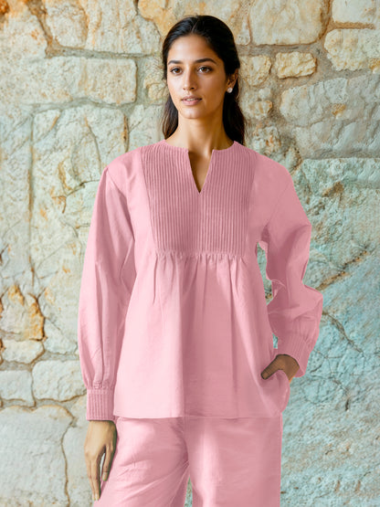 Baby Pink Cotton Linen Top with Pintuck Detailed Yoke